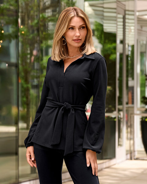 Beyond Travel Tie Waist Tunic Top Jet -Black | Boston Proper