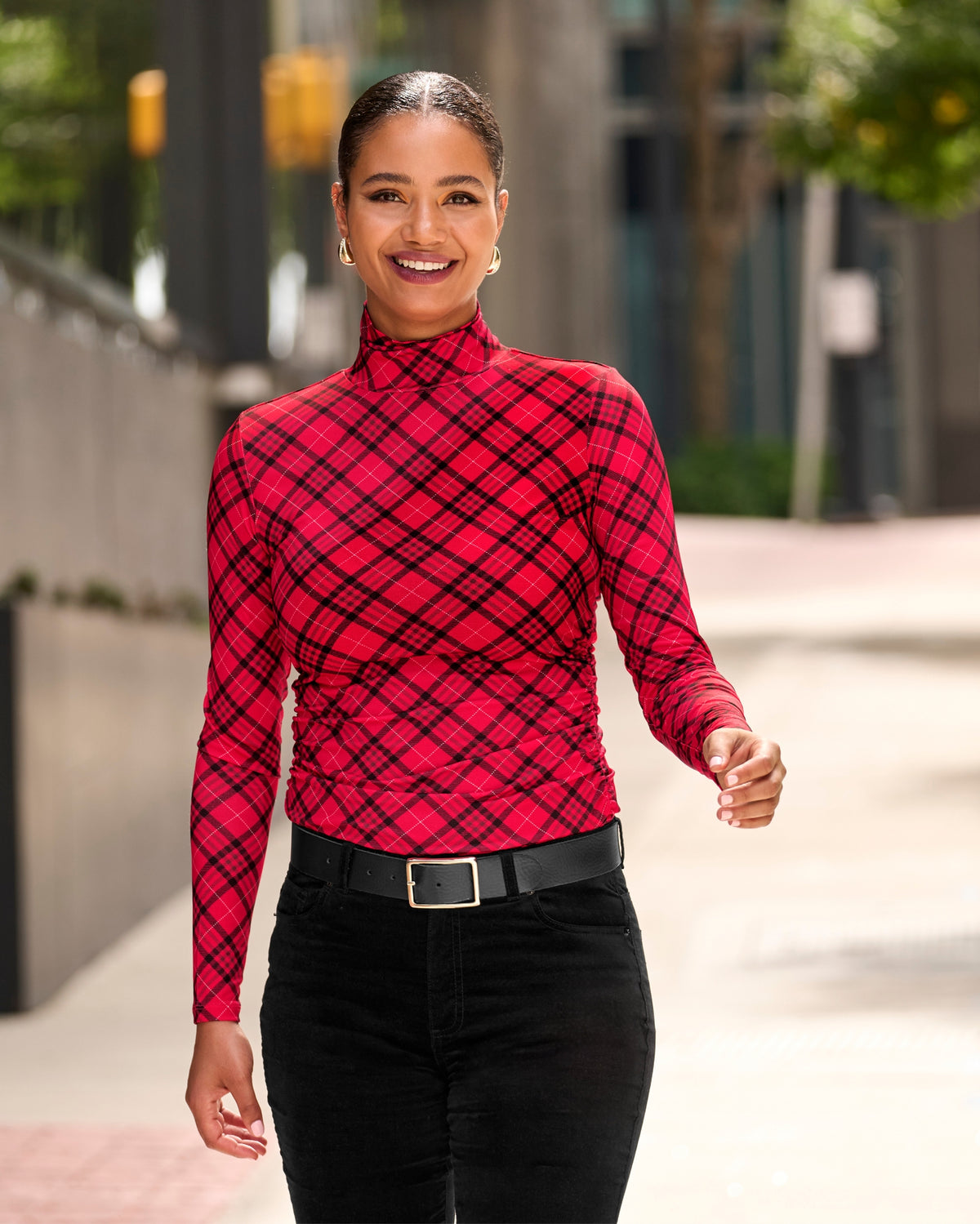 So Chic Ruched Holly Plaid Turtleneck Red