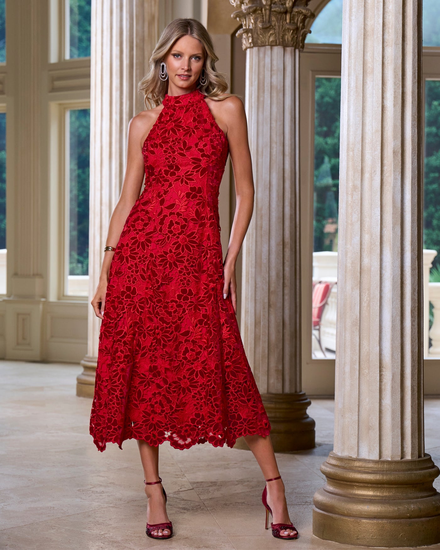 Mock Neck Velvet Lace Midi Dress Racing Red
