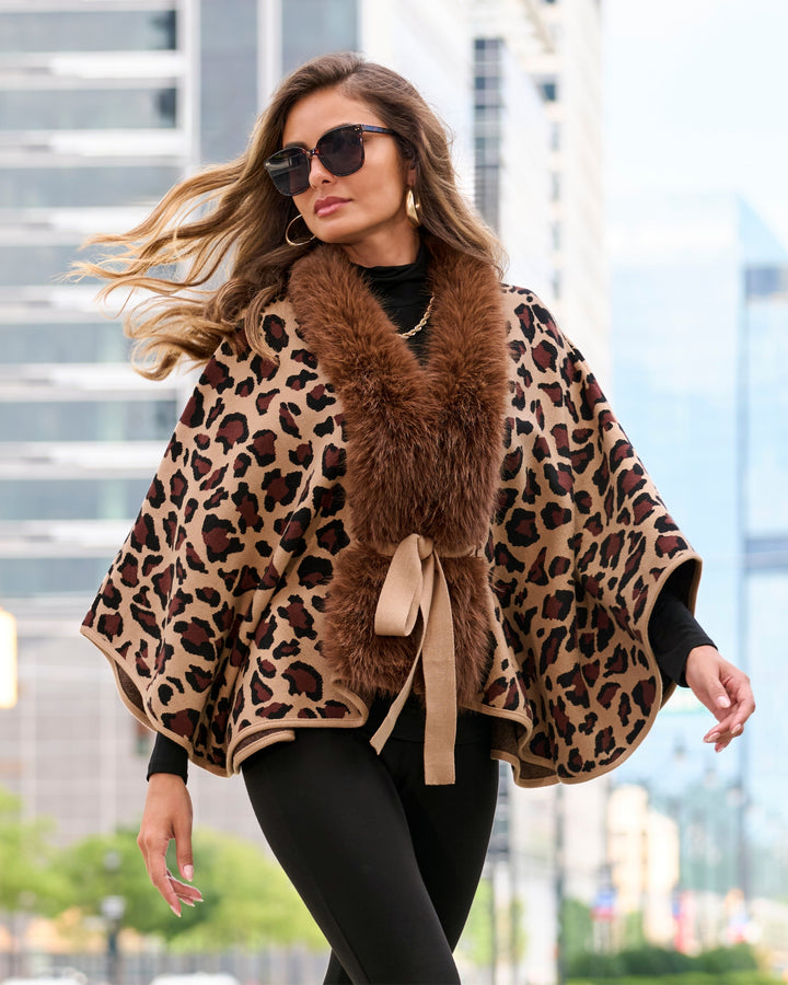 Animal Faux Fur Tie Waist Sweater Poncho Brown Multi