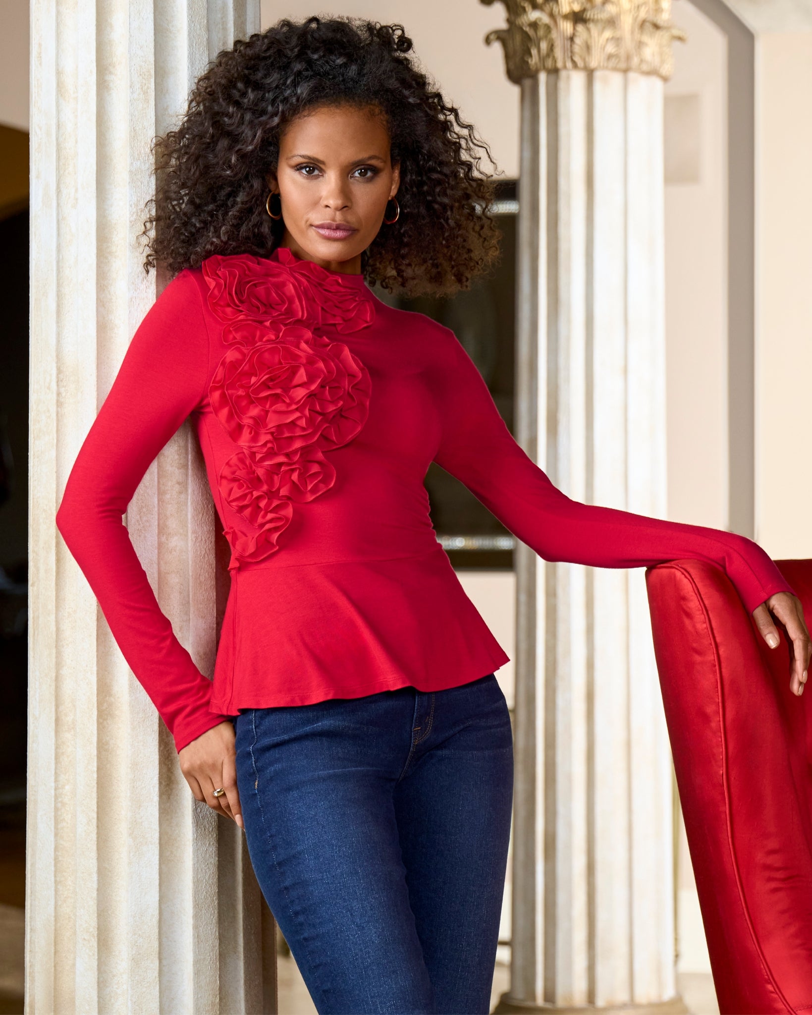 Mock Neck Chiffon Peplum Top - Racing Red | Boston Proper