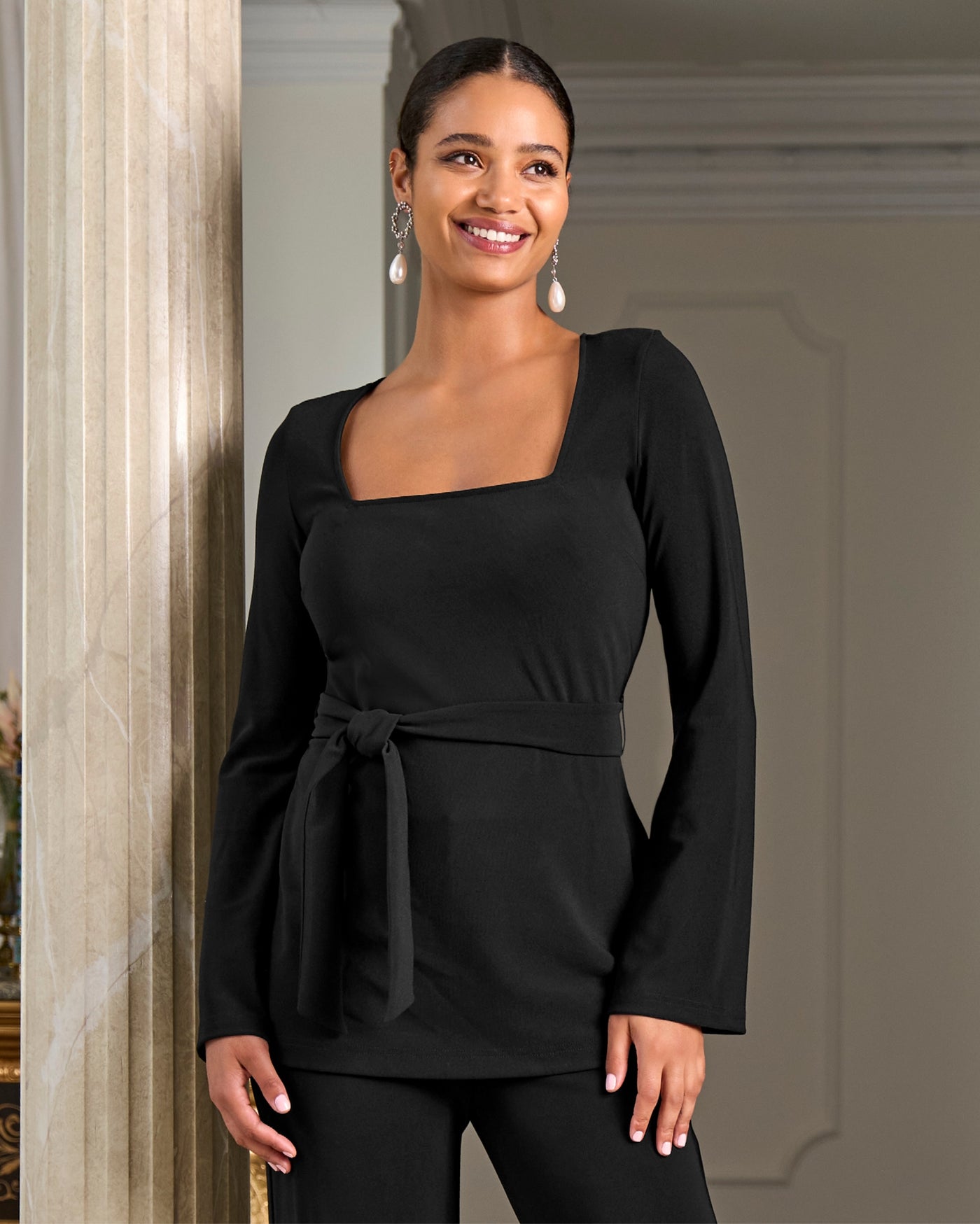 Beyond Travel Square Neck Tie Waist Top Jet Black