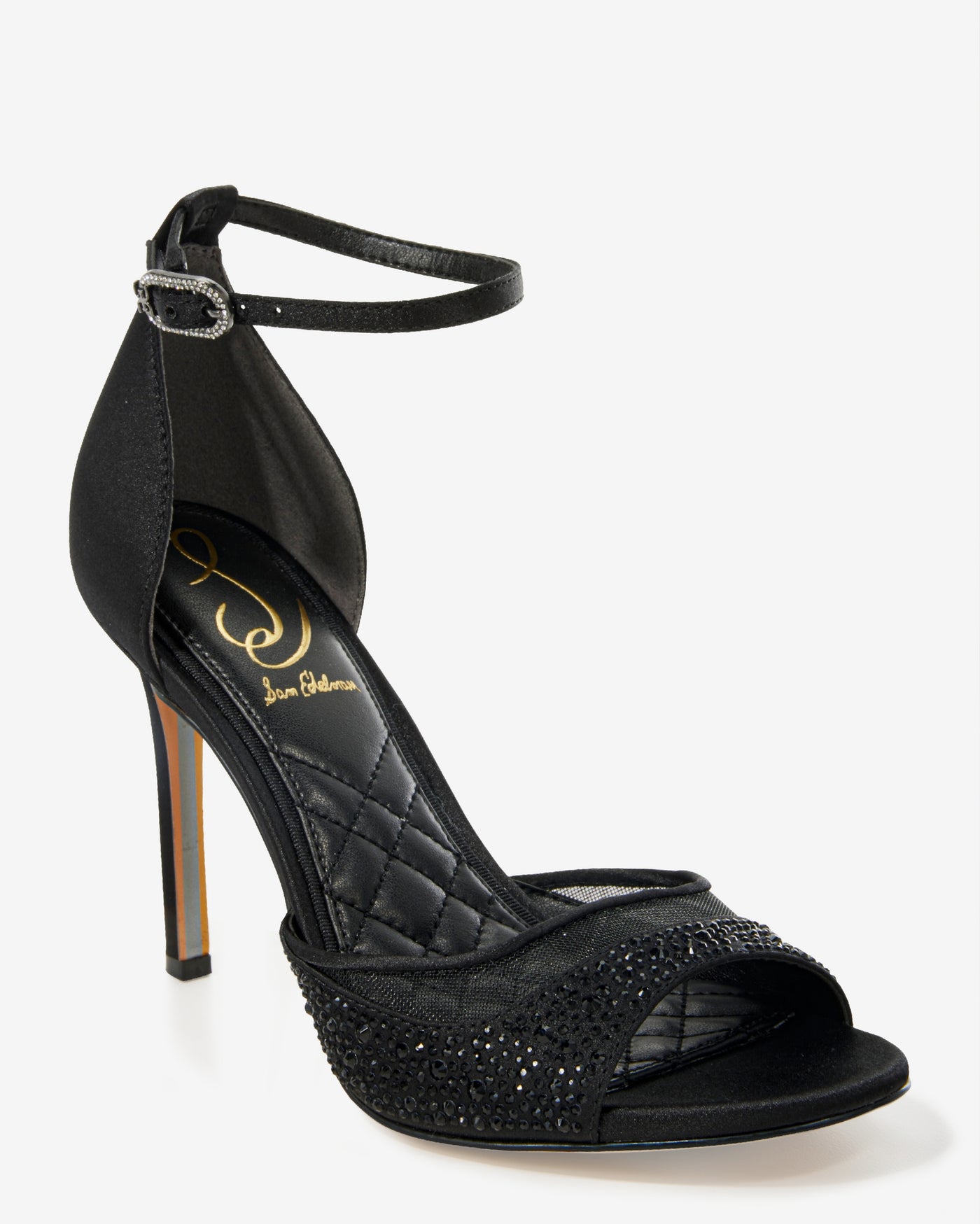 Crystal Embellished Mesh Ankle Strap Heel Black