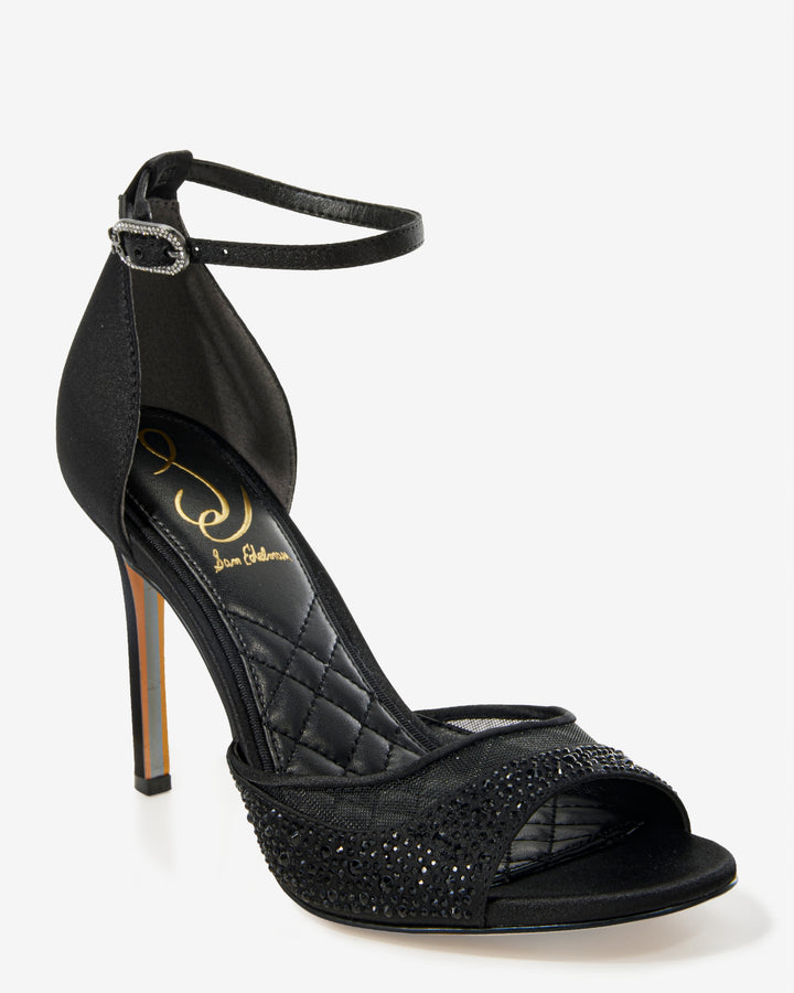 Crystal Embellished Mesh Ankle Strap Heel Black