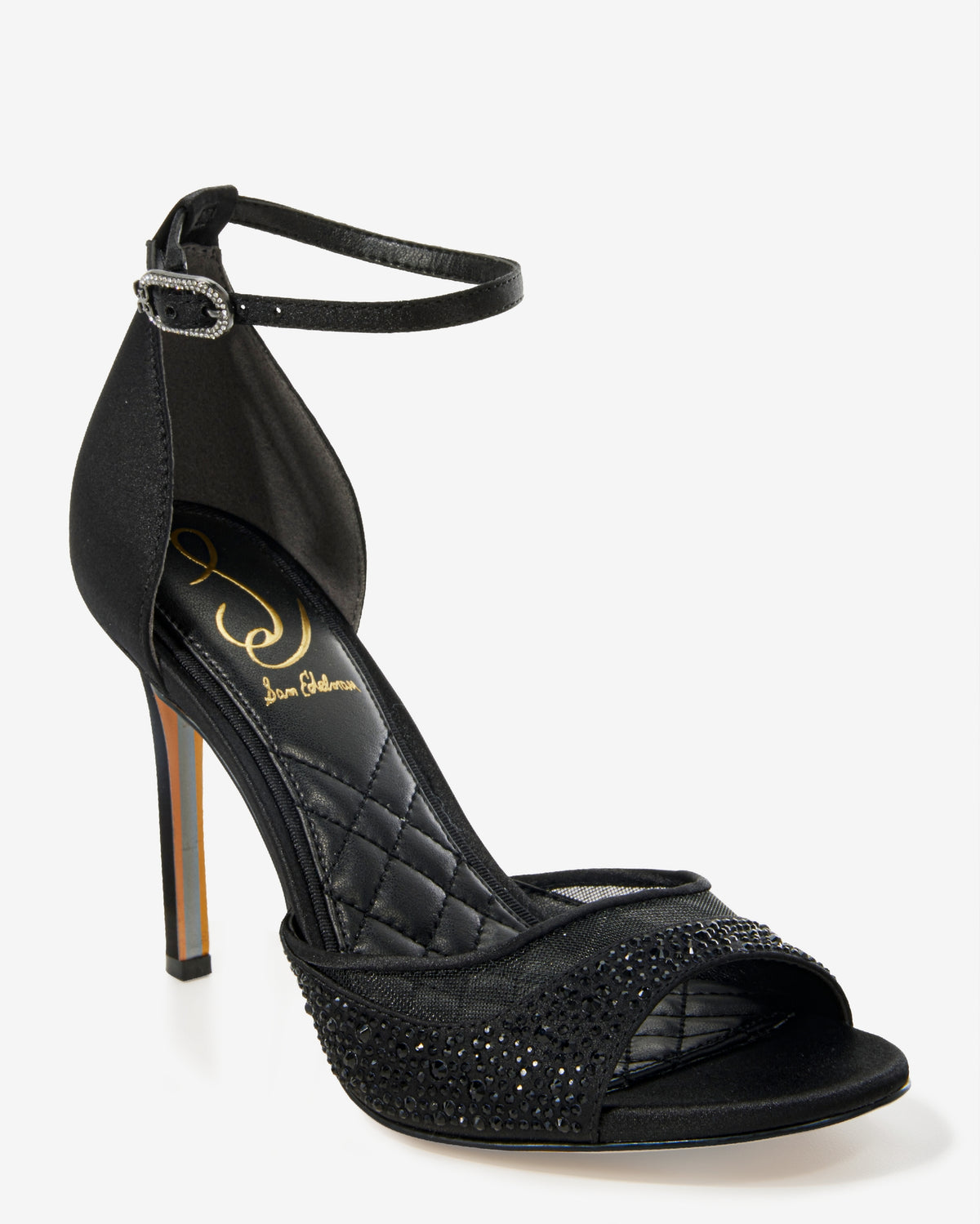 Crystal Embellished Mesh Ankle Strap Heel Black