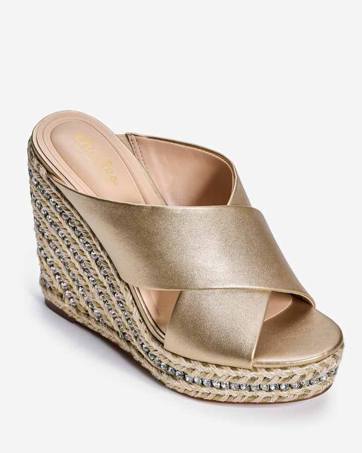 Metallic Criss Cross Rhinestone Wedge Gold