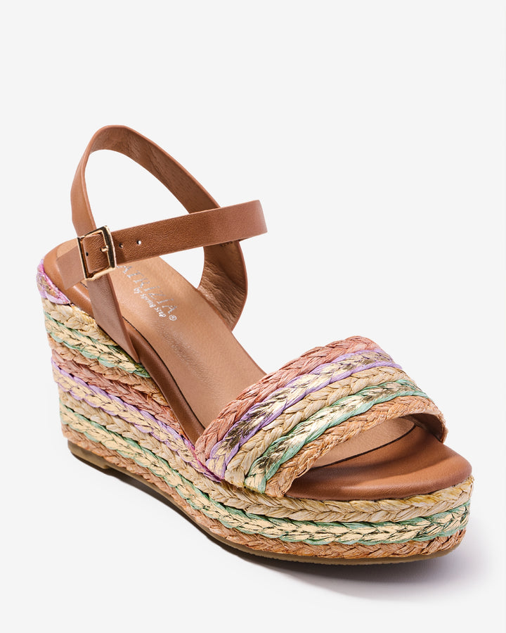 Multi Colored Metallic Raffia Wedge Camel Multi