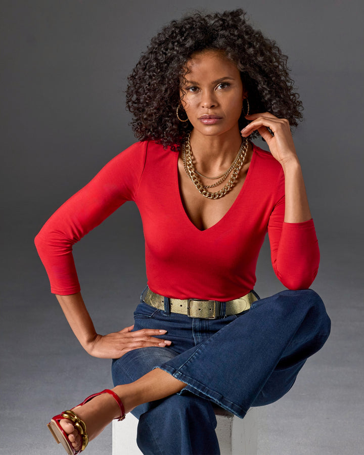 Effortless Three Quarter Sleeve V Neck Lipstick Red