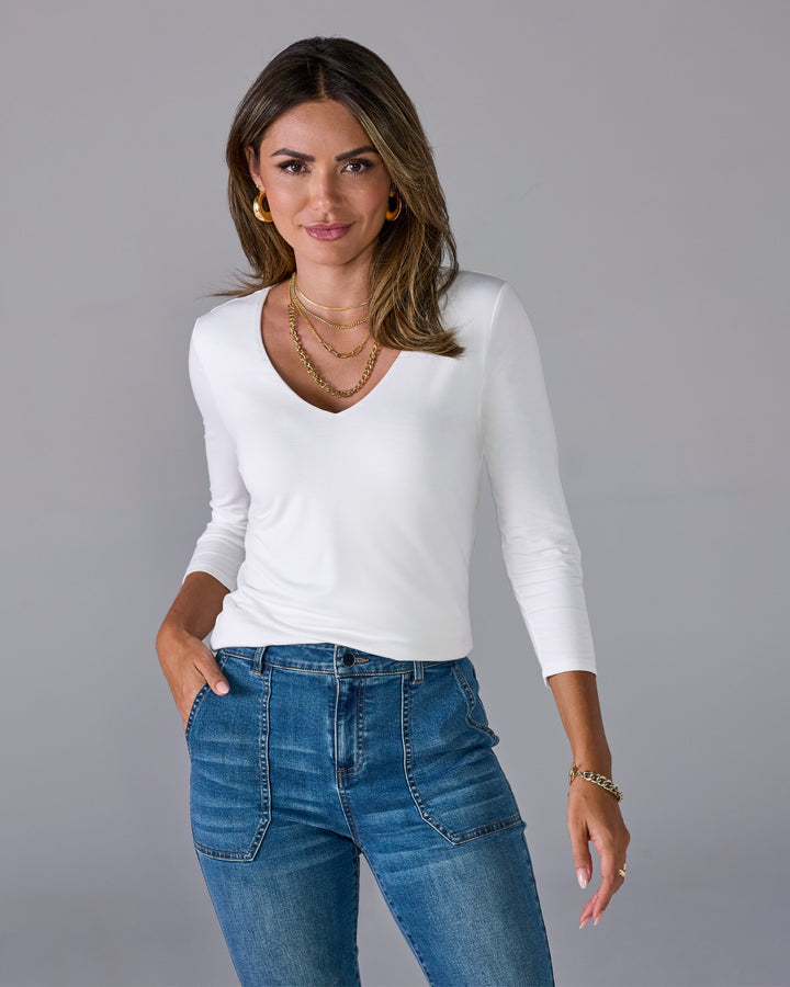 Effortless Three Quarter Sleeve V Neck Pure White