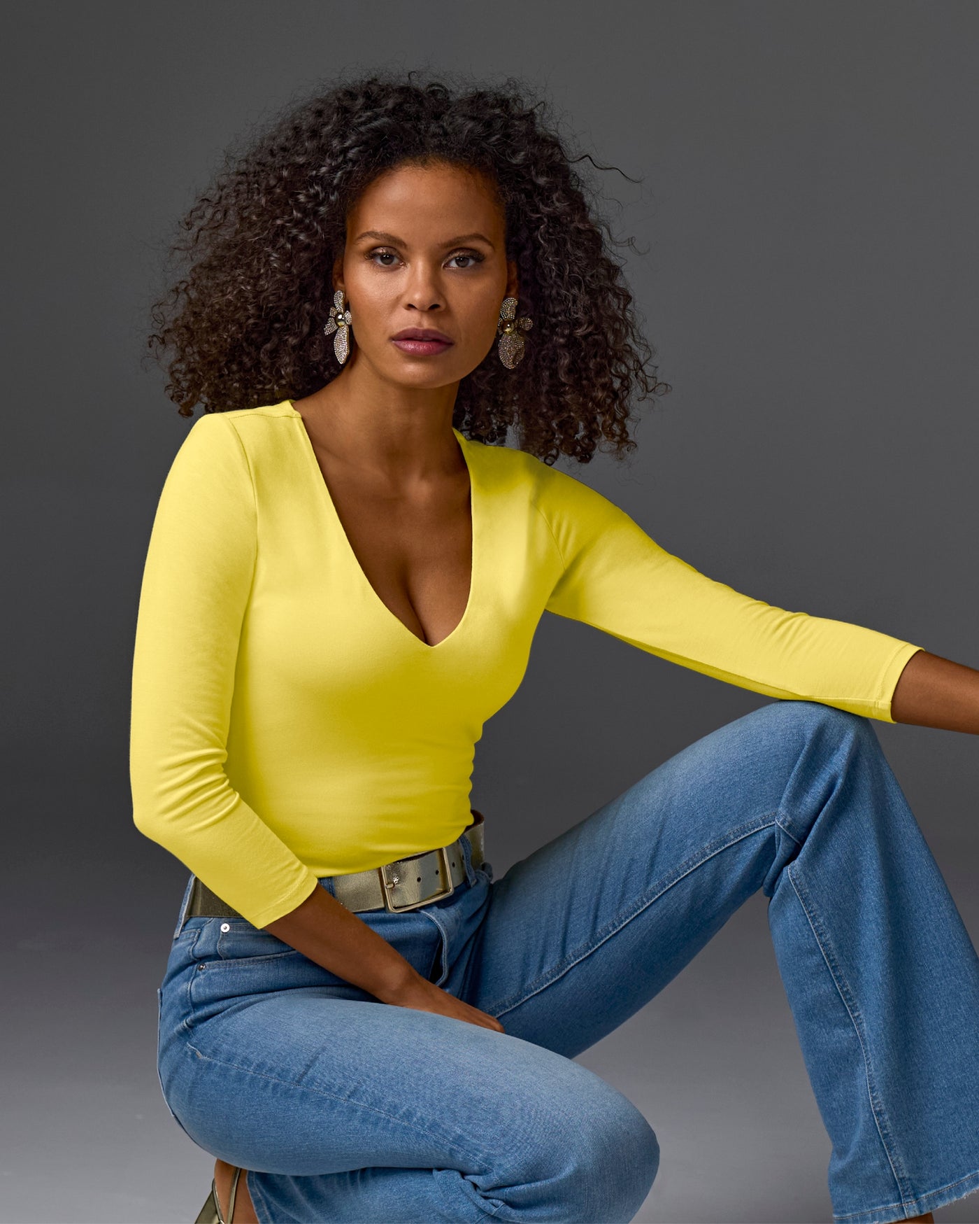 Effortless Three Quarter Sleeve V Neck Lemon Drop