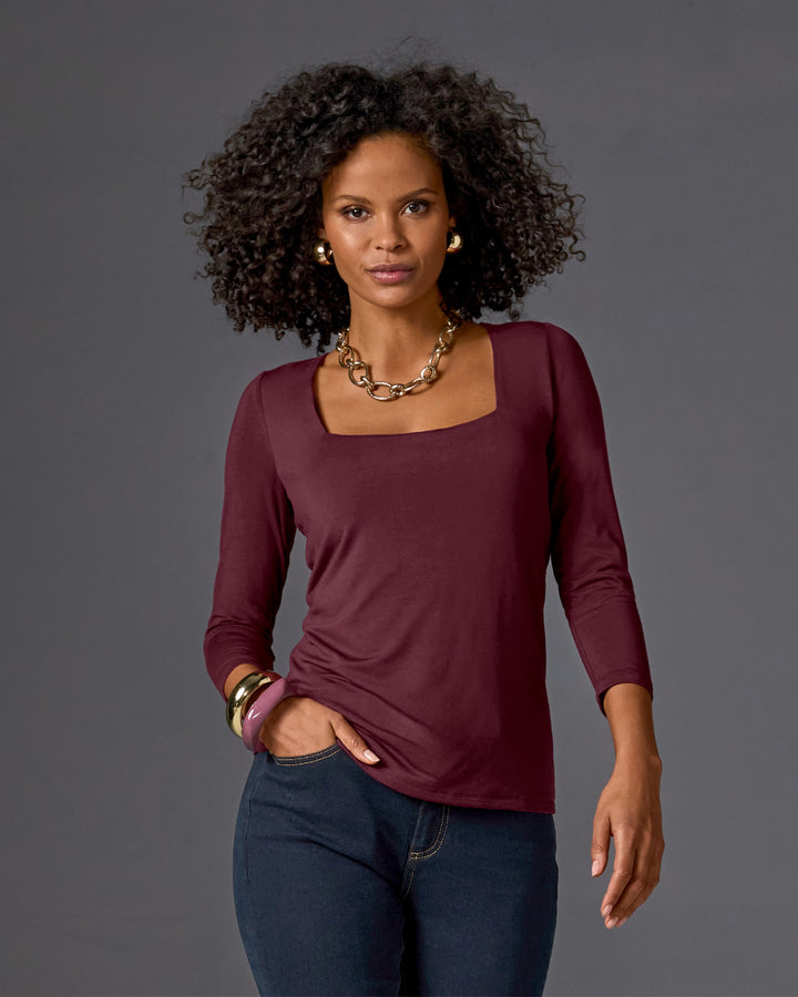 So Effortless Square Neck Three Quarter Sleeve Top Black Cherry