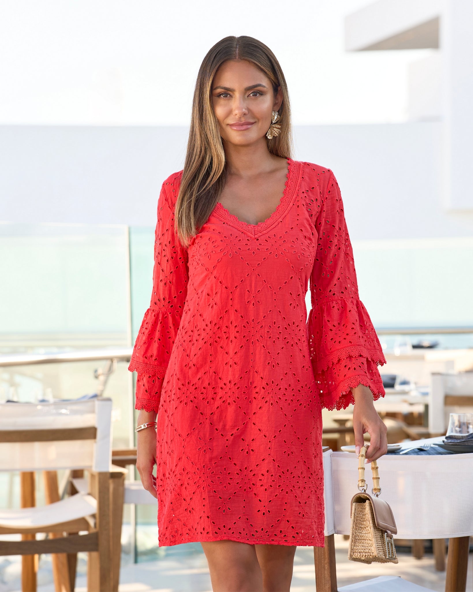 Lace Trim Tiered Sleeve Eyelet Shift Dress - Hibiscus | Boston Proper