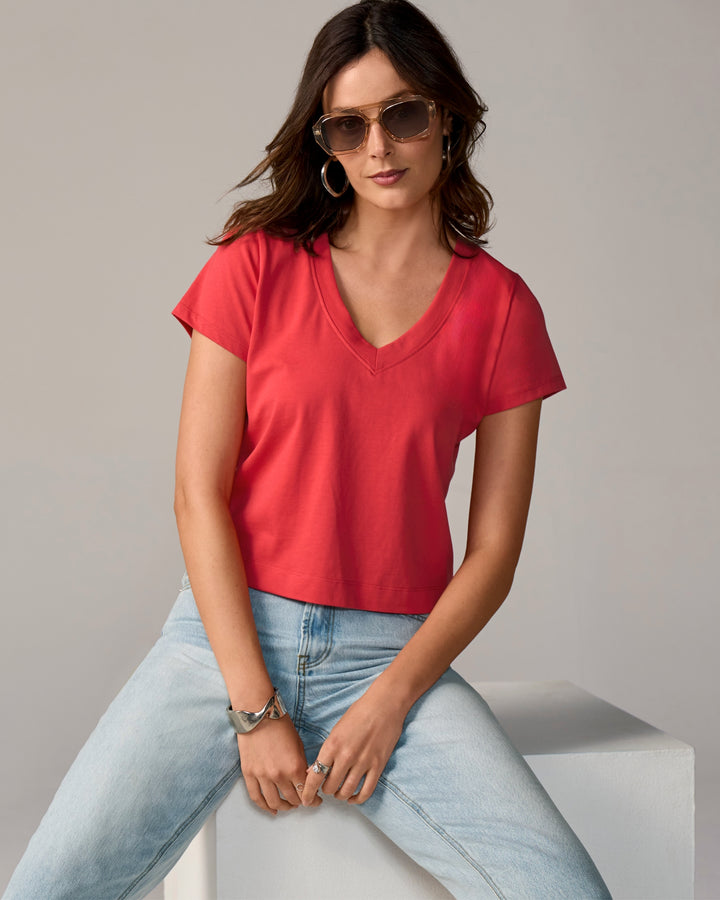 Cotton V Neck Short Sleeve Tee Hibiscus