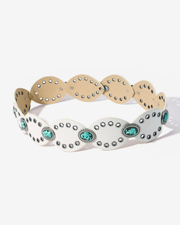 Turquoise Grommet Leather Waist Belt Off White
