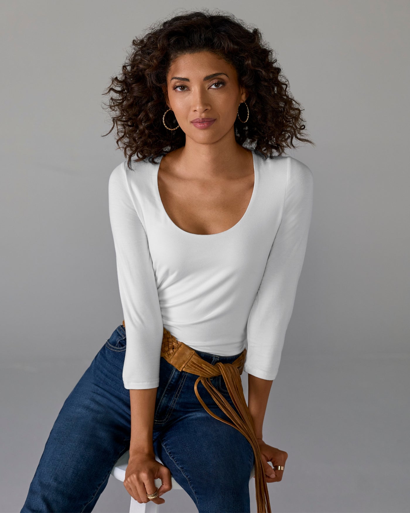 So Effortless Three Quarter Sleeve Scoop Neck Top Pure White
