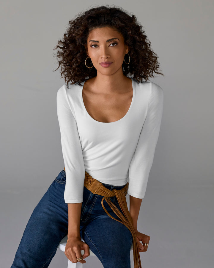 So Effortless Three Quarter Sleeve Scoop Neck Top Pure White