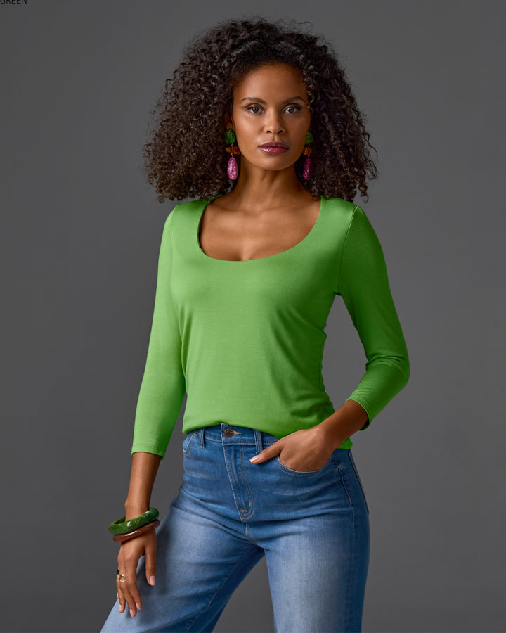 So Effortless Three Quarter Sleeve Scoop Neck Top Bud Green