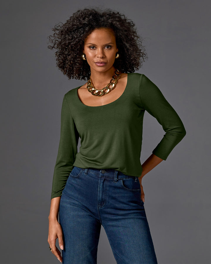 So Effortless Three Quarter Sleeve Scoop Neck Top Forest Night
