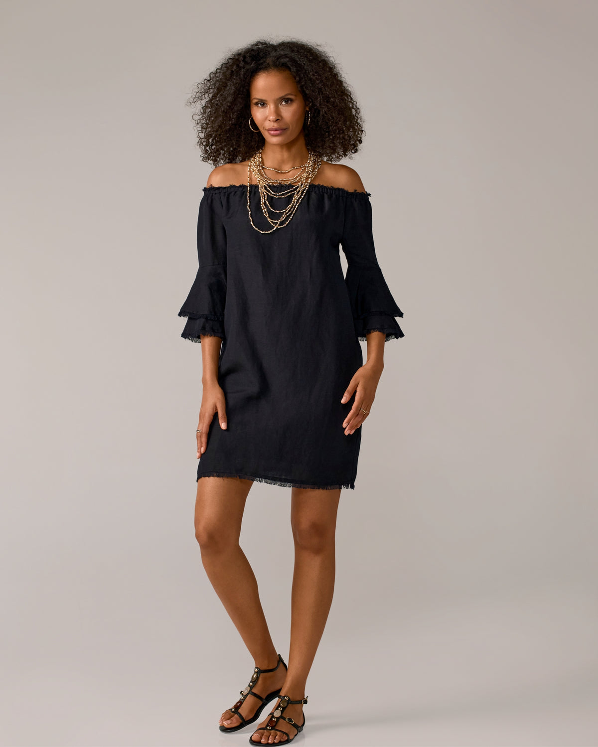 Boston Proper - Luxe Links - Linen Off The Shoulder Tiered Sleeve Shift Dress Black
