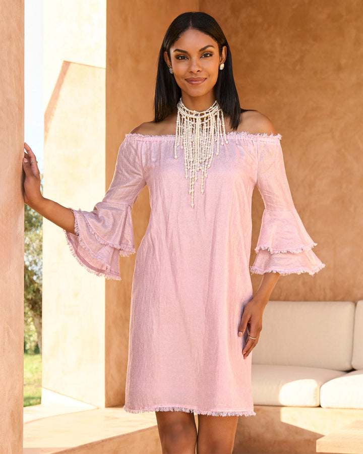 Linen Off The Shoulder Tiered Sleeve Shift Dress Roseate
