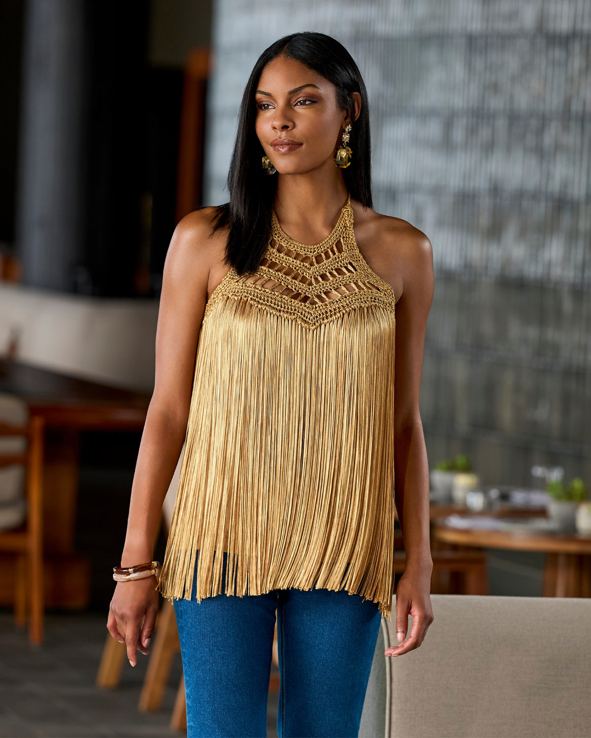Macramé Fringe High Neck Tank Tan