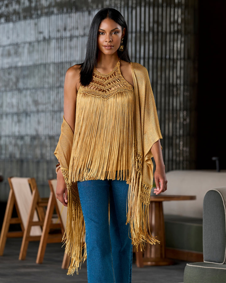 Macramé Fringe Poncho Tan