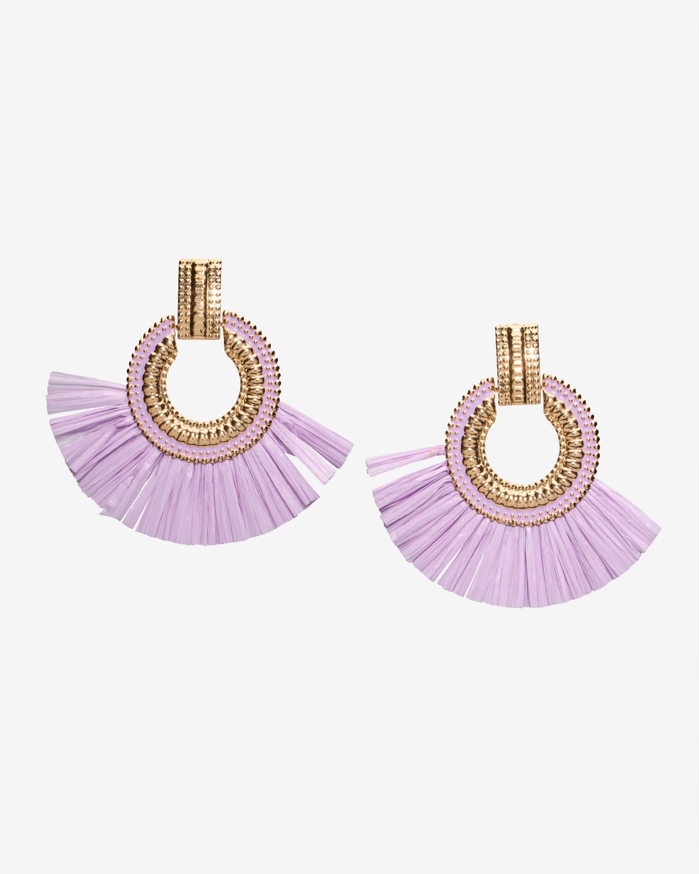 Gold and Raffia Fringe Earring Purple