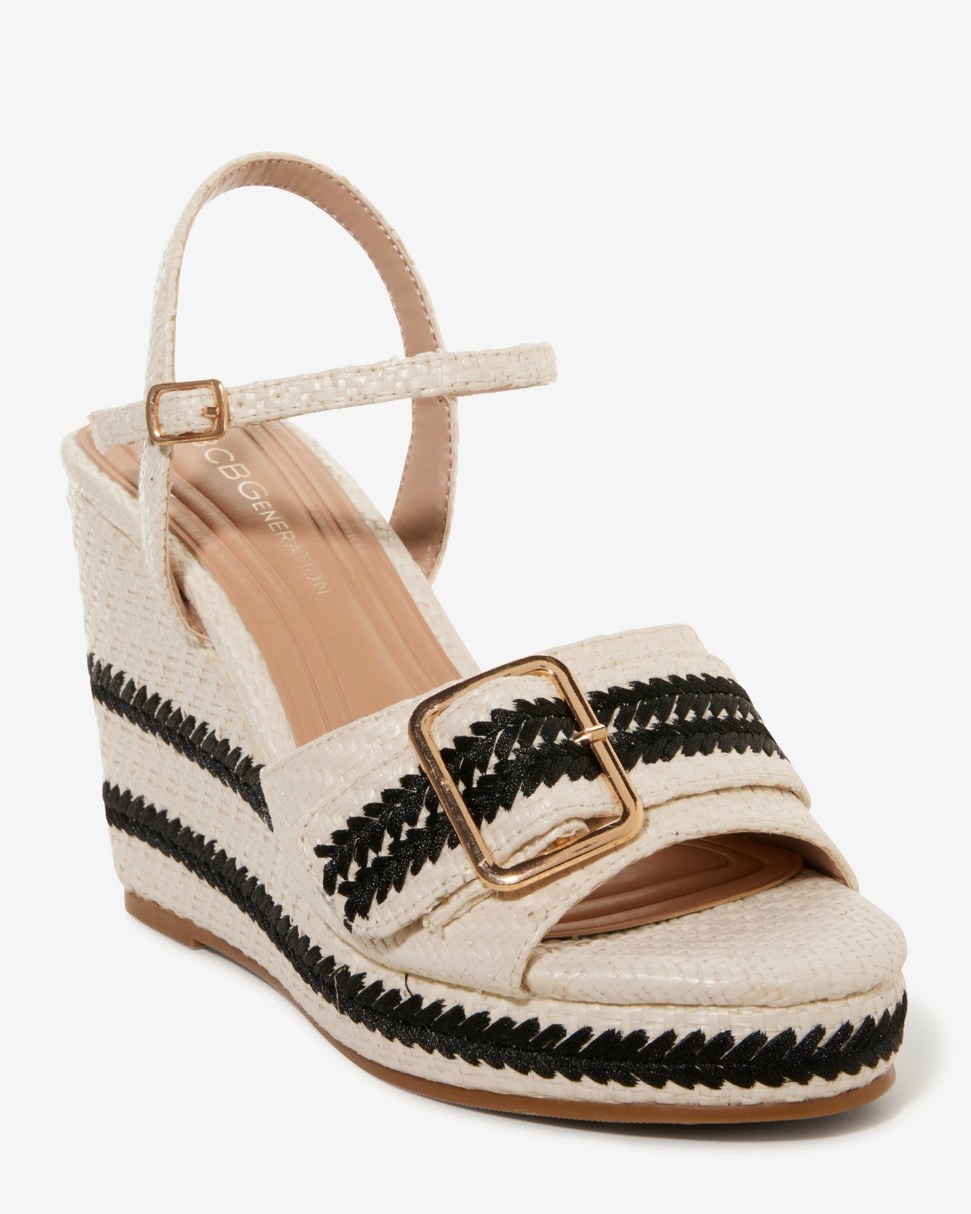 Colorblock Buckled Raffia Wedge White/Black