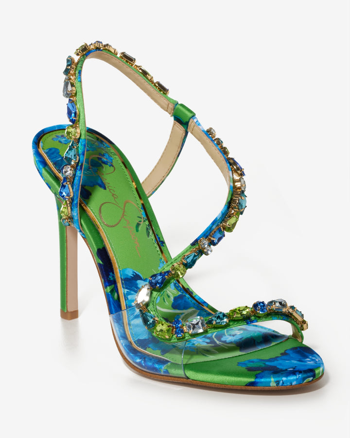 Print Embellished Strap Heel Green Multi