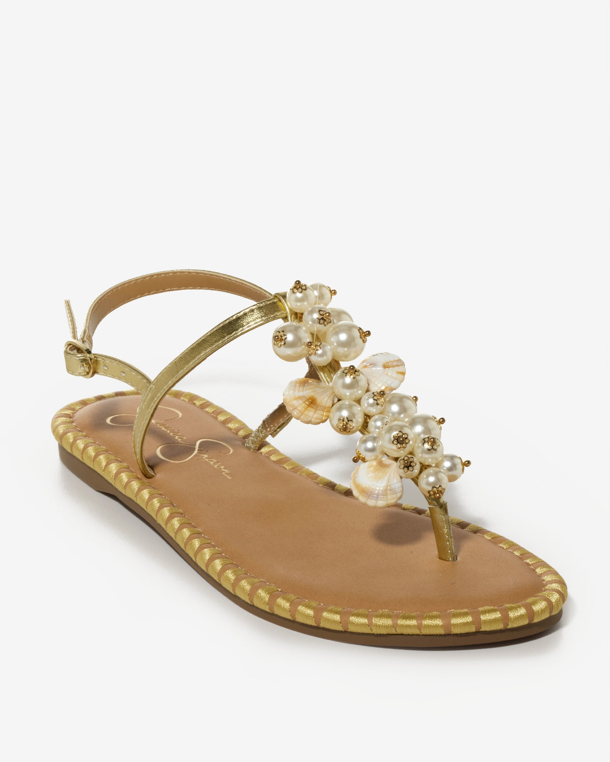 Shell and Pearl Embellished Sandal Gold Multi