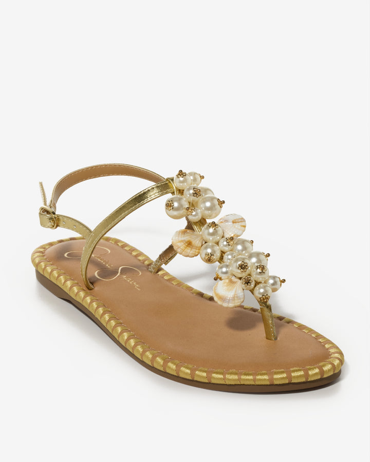 Shell and Pearl Embellished Sandal Gold Multi