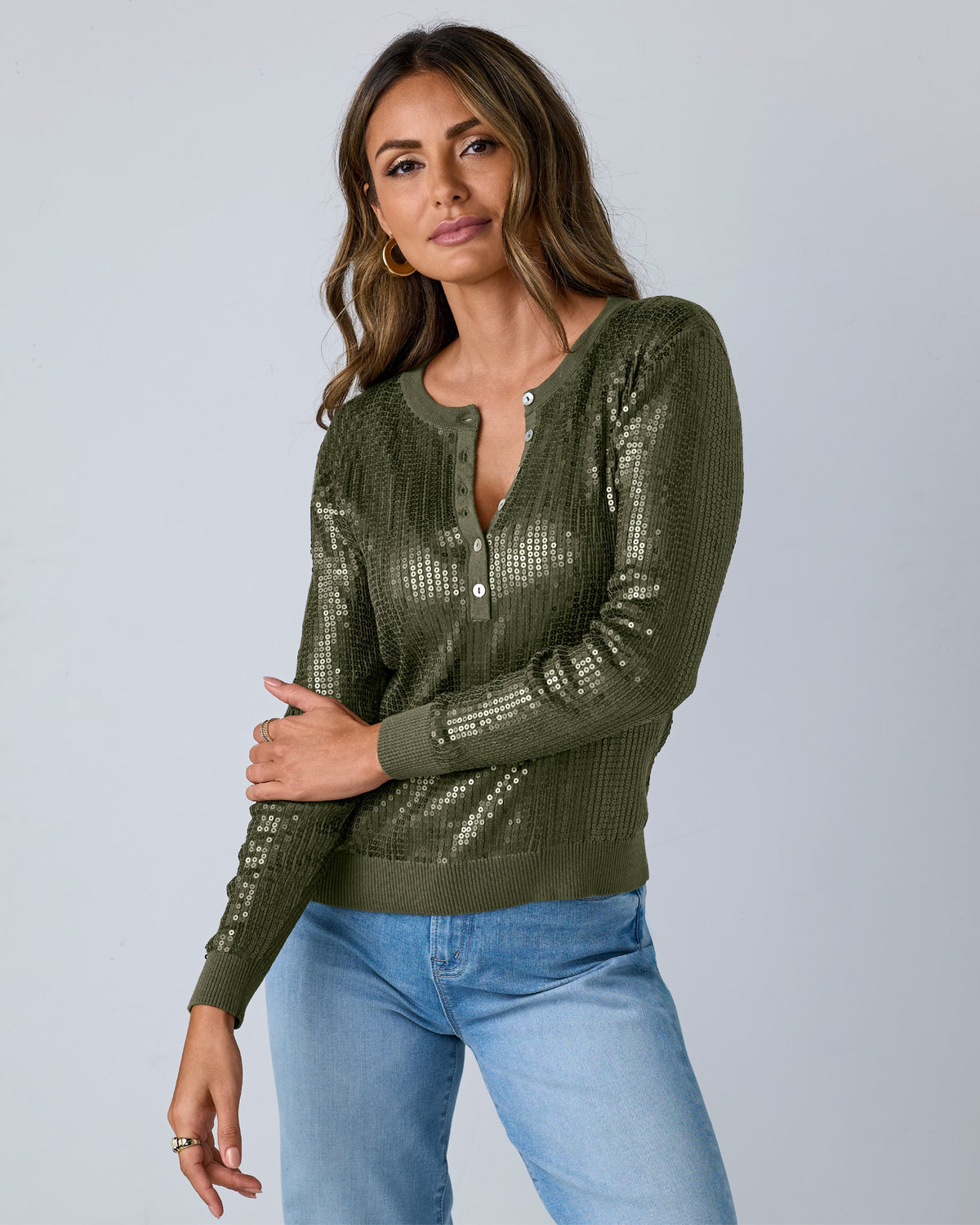 Henley Sequin Long Sleeve Sweater Olive Night