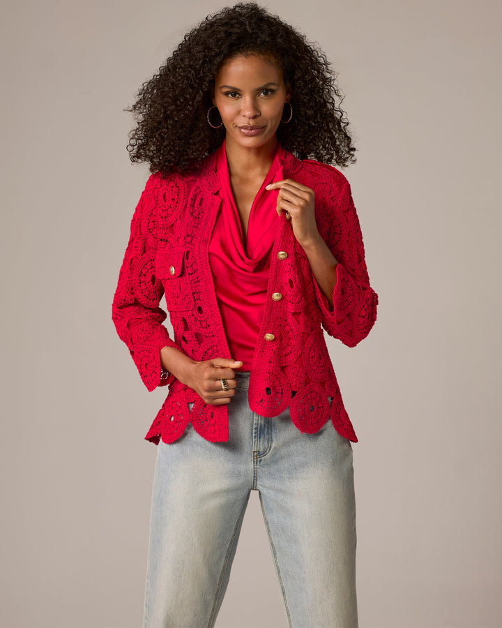 Crochet Three Quarter Sleeve Jacket Tomato Red