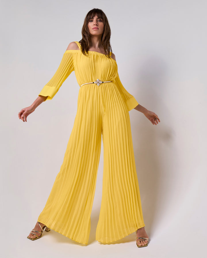 Cold Shoulder Blouson Pleated Jumpsuit Lemon Drop