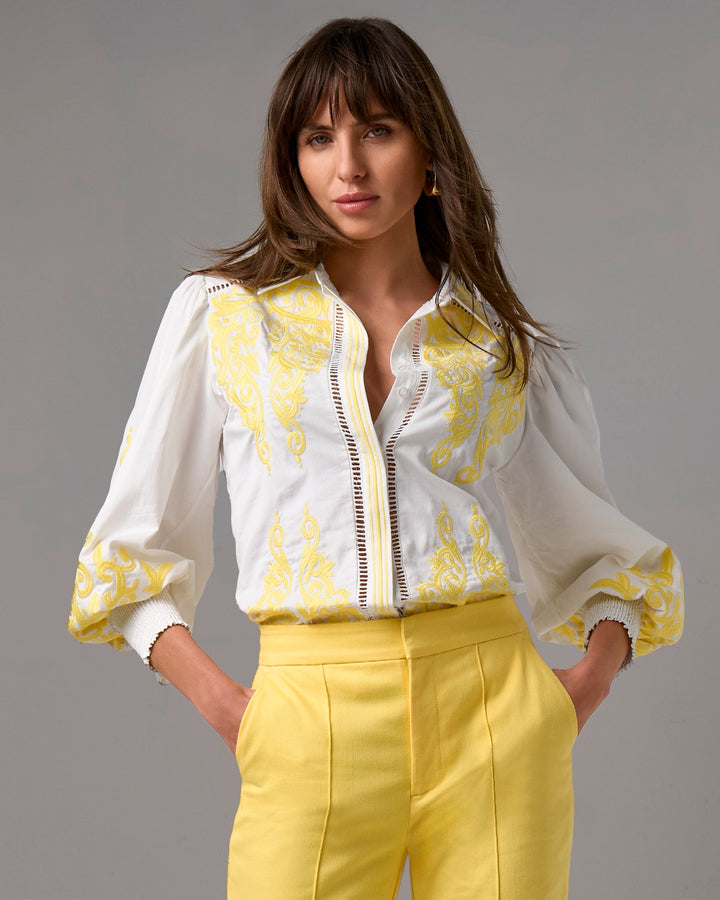 Hamptons Scroll Detail Button Up Shirt Lemon Drop