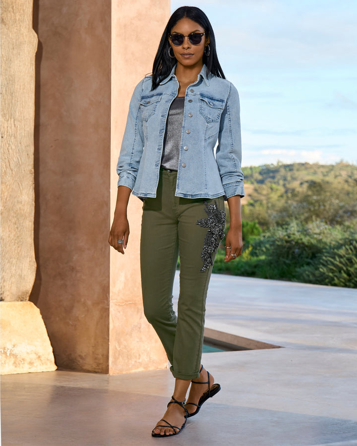 Newport Crystal Trim Tonal Jean Olive
