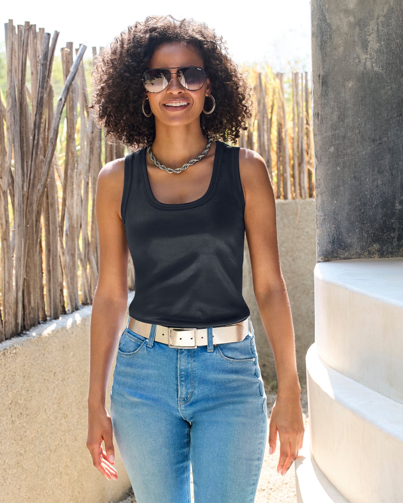 Metallic Scoop Neck Tank Top Navy