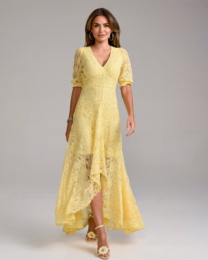 Lace High Low Puff Sleeve Maxi Dress Yellow
