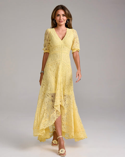 Boston Proper - Yellow - Lace High Low Puff Sleeve Maxi Dress