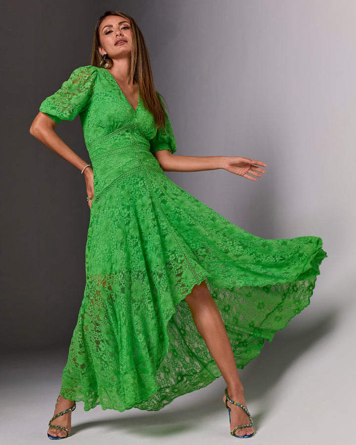 Lace High Low Puff Sleeve Maxi Dress Ivy Green