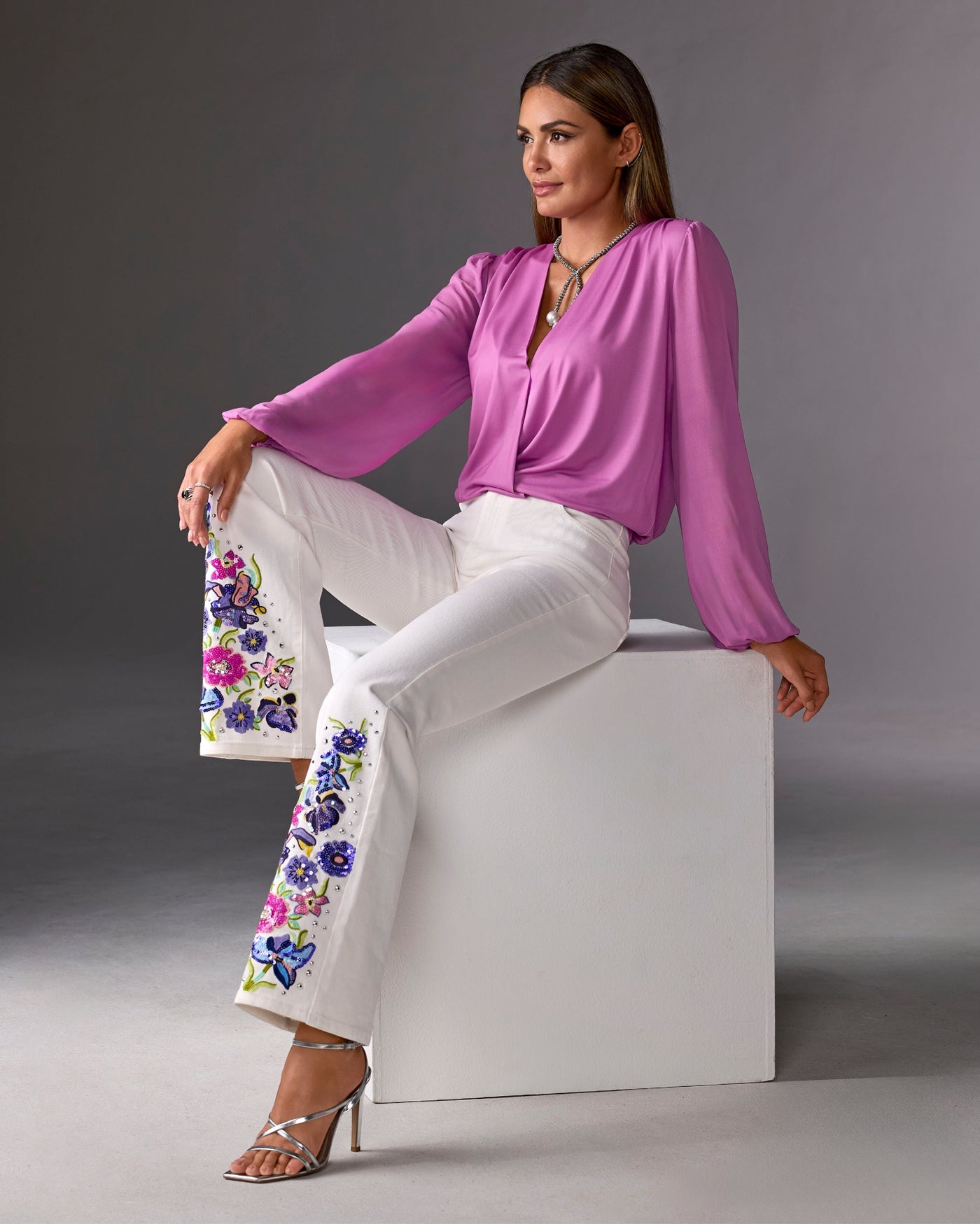 Monterey Floral Embellished Jean White Multi
