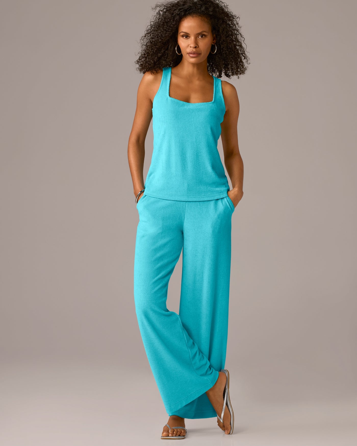 Beach Terry Square Neck and Wide Leg Pant Set Capri