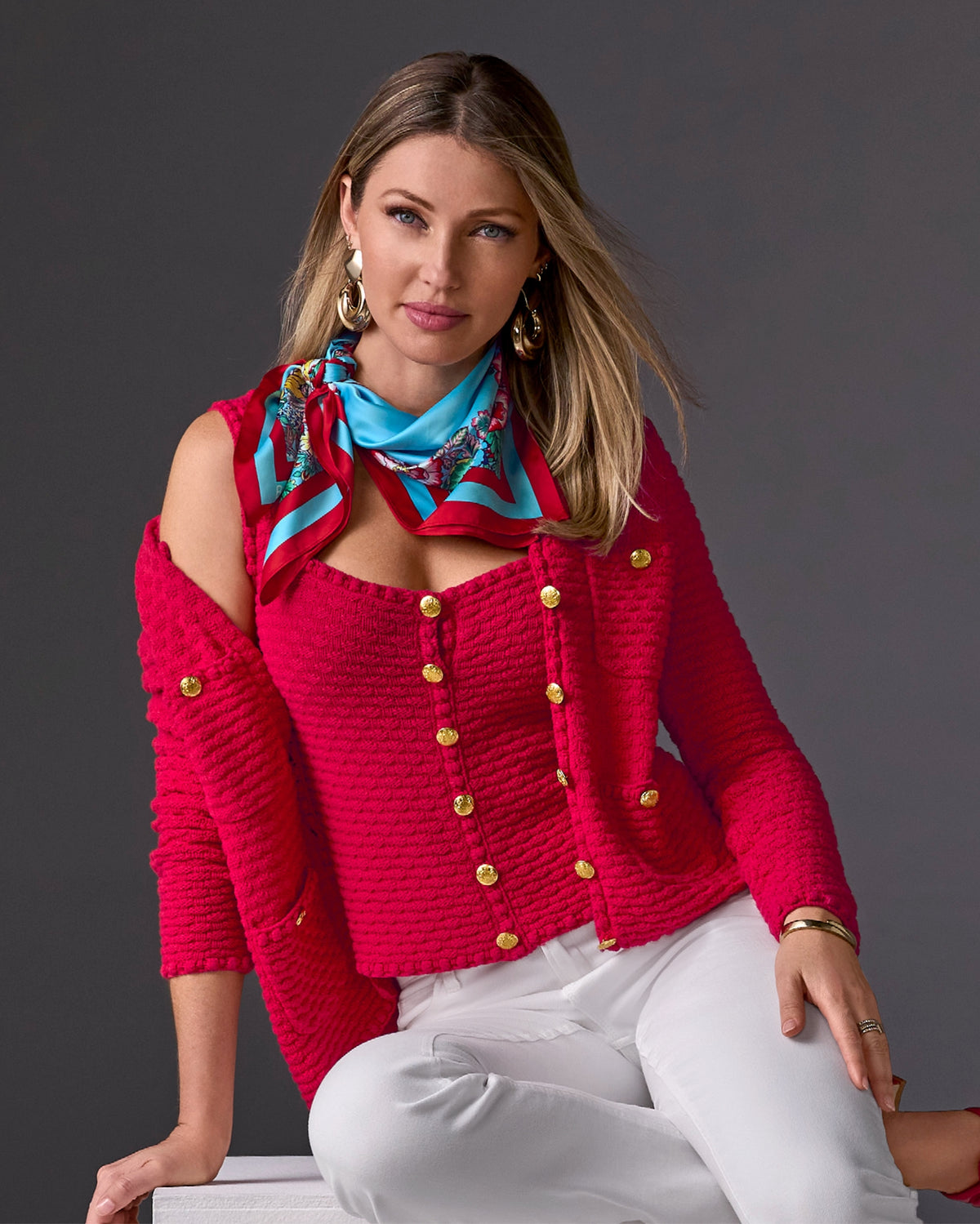 Button Detail Pocket Sweater Cardigan True Red