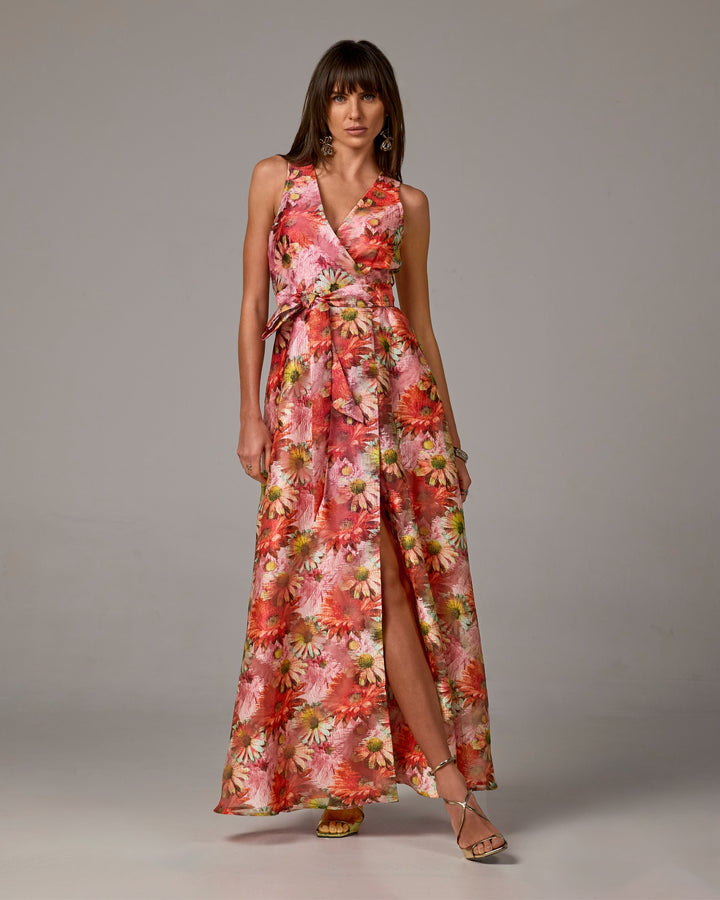 Floral Print Organza Sleeveless Gown Pink Multi