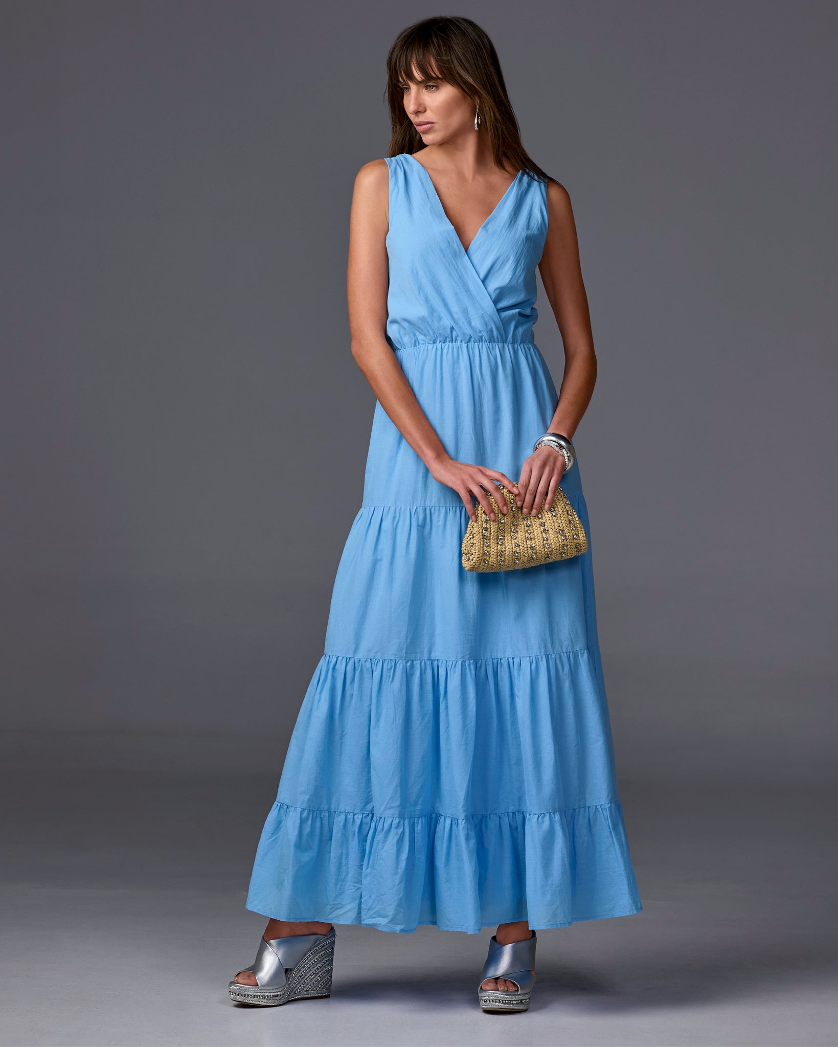 Surplice Tiered Cotton Maxi Dress - Sky Blue Surplice Tiered Cotton Maxi Dress - Sky Blue