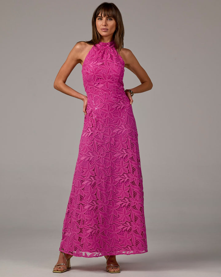 Sequin Lace Halter Neck Maxi Dress Raspberry Rose