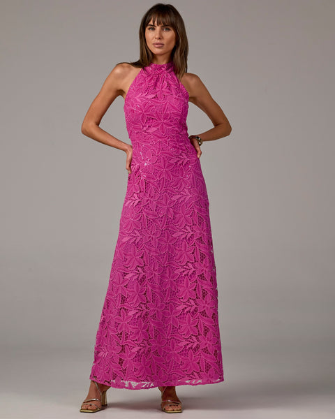 Sequin Lace Halter Neck Maxi Dress - Raspberry Rose | Boston Proper Sequin Lace Halter Neck Maxi Dress - Raspberry Rose | Boston Proper