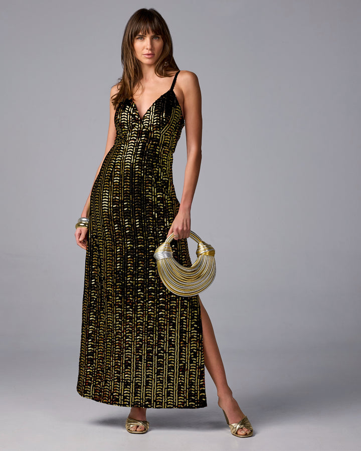 Sequin Embellished V Neck Maxi Dress Black/Gold