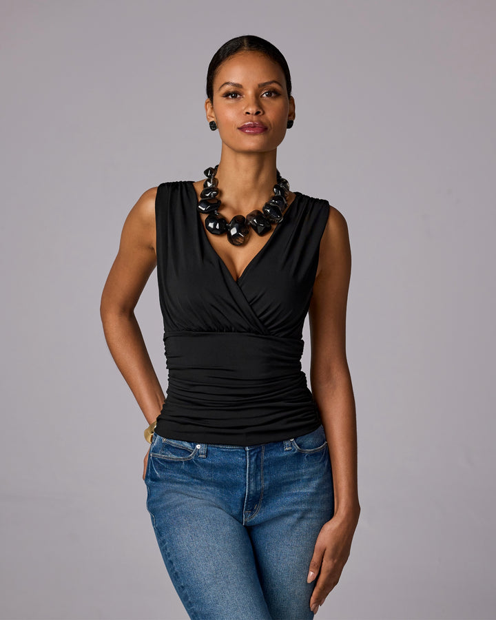 So Chic Surplice Ruched Top Proper Black