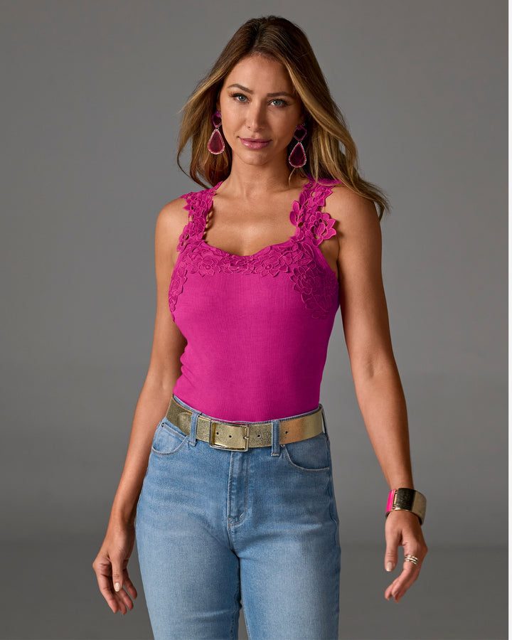 Ribbed Lace Applique Knit Tank Raspberry Rose